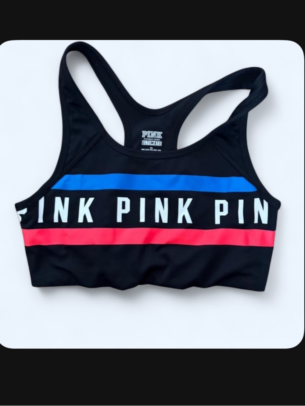PINK Victoria's Secret Black Sports Bra with Blue and Coral Stripes